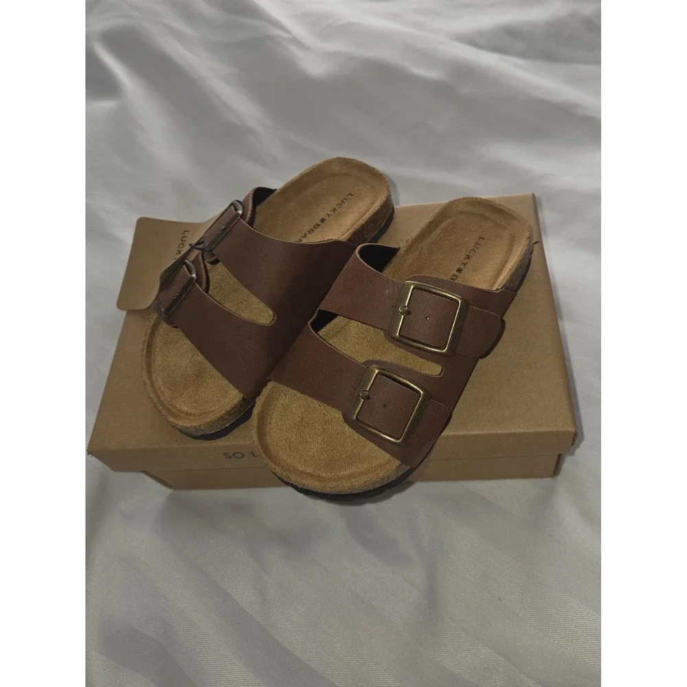 Lucky Brand Blanc Kids Brown Dual Strap Buckle Slide Sandals Size 2